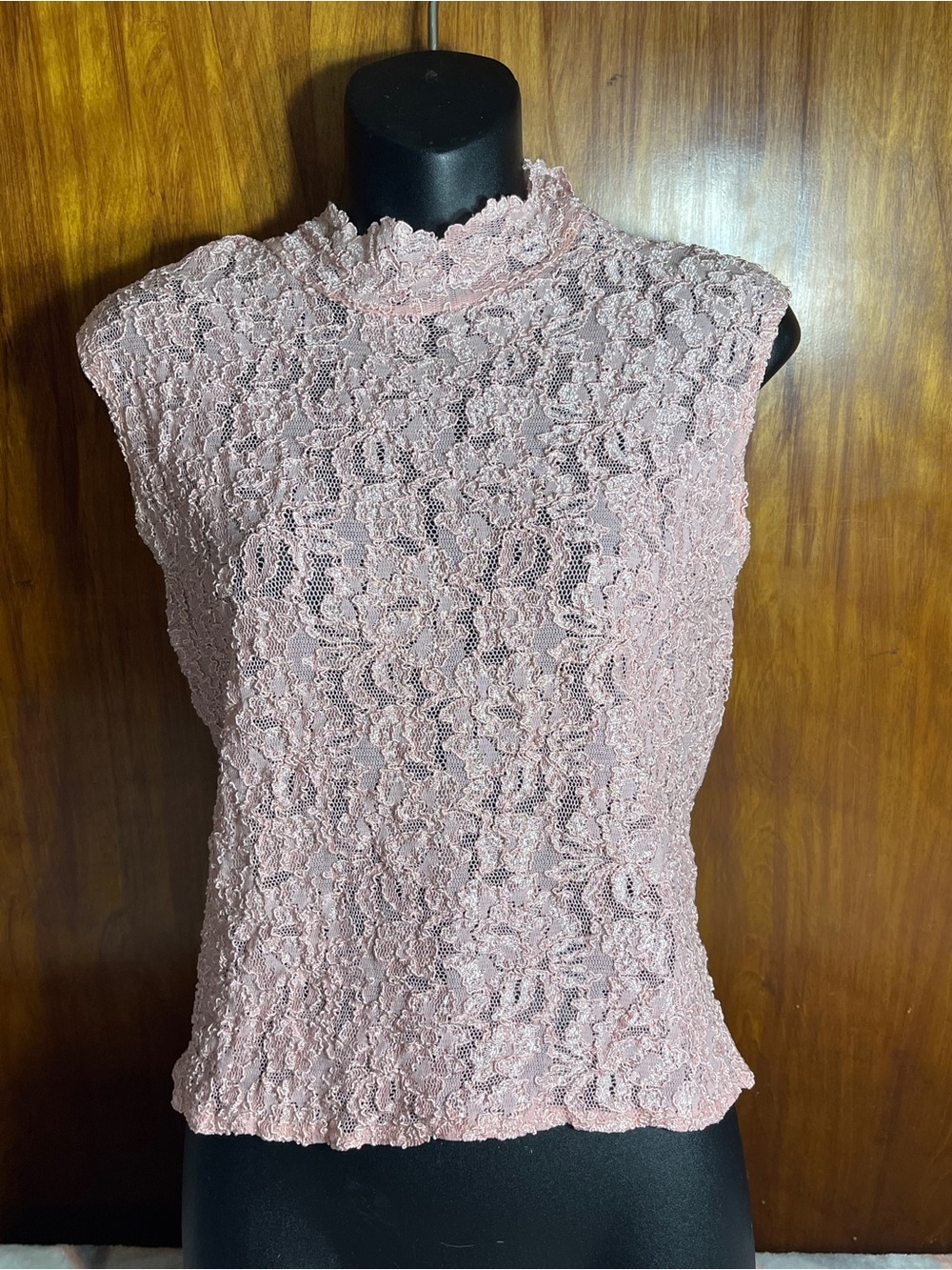 Pink Lace Blouse S Sleeveless Mock Neck Floral Overlay Top